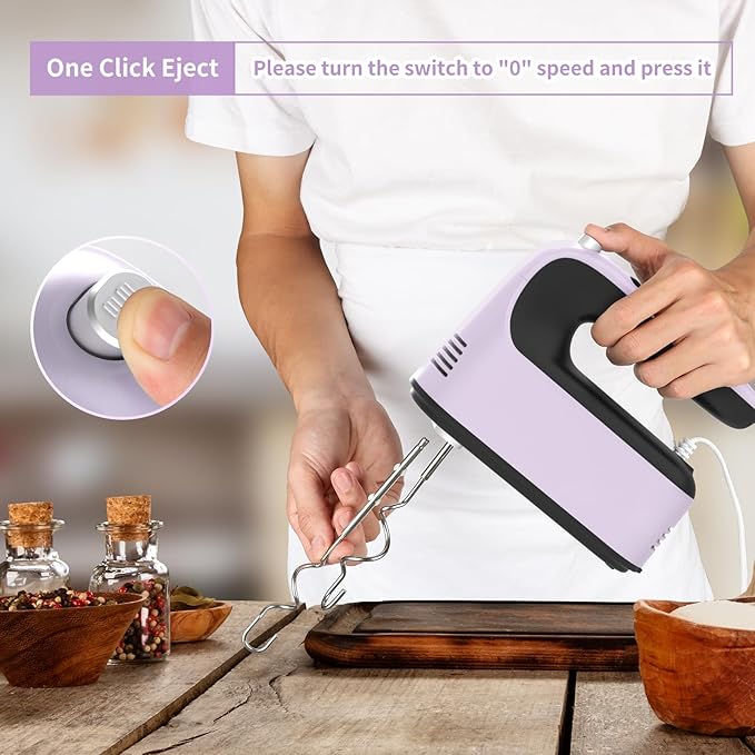 Yomelo 9-Speed Digital Hand Mixer Electric, 400W Powerful DC Motor, Hand Mixer Electric Handheld with Snap-On Storage Case, 5 Stainless Steel Accessories, Beaters, Dough Hooks, Whisk(Purple/Black)