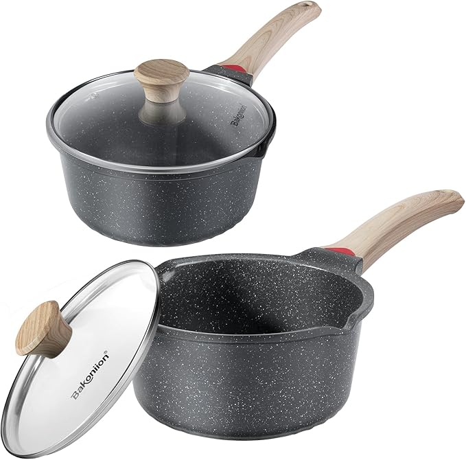 Bakoniion Ceramic Nonstick Saucepan Set 2QT and 3QT, Cast Aluminum Cooking Pots with Side Pour Spouts,Compatible with All Cooktops,Dishwasher Safe