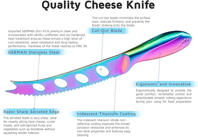 WELLSTAR Cheese Knife, Serrated Tomato Knife 5 Inch Sharp High Carbon Stainless Steel Blade for Cutting All Cheese Types - Rainbow