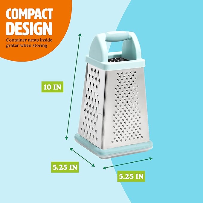 Tasty Box Grater with Storage Container & Lid, Multi-Sided Stainless Steel Grater for Fine, Medium, Coarse Shreds & Slicing, Non-Slip Base, Dishwasher Safe, Aqua
