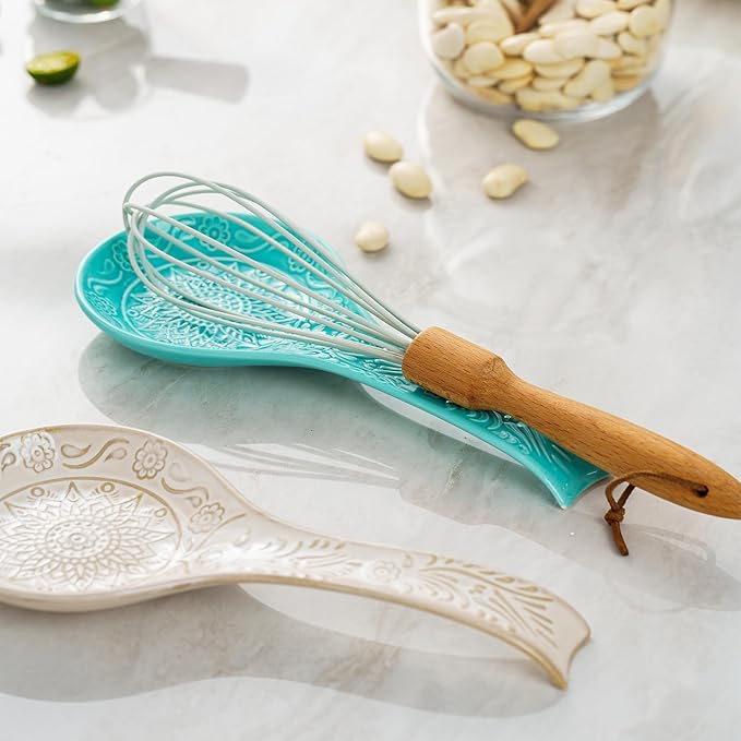 Ceramic Spoon Rest, 9 Inches Large Spoon Holder for Kitchen Counter, Kitchen Accessories, Dishwasher Safe, Turquoise