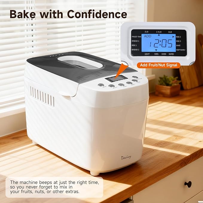 Davivy 3.3LB Bread Maker – 15-in-1 Automatic Bread Machine with Silicone Baking Gloves, Dual Kneading Paddles, Nonstick Pan, 15-Hour Delay Timer, 3 Loaf Sizes & 3 Crust, Nut Add-In Reminder
