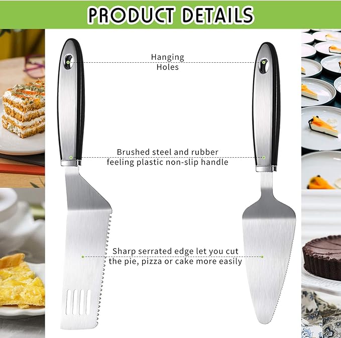 Patelai 2 Pieces Stainless Steel Pie Server Set Cake Cutter Serrated Spatula Pizza Tart Dessert Slicer for Cutting and Serving Desserts Brownies Lasagna