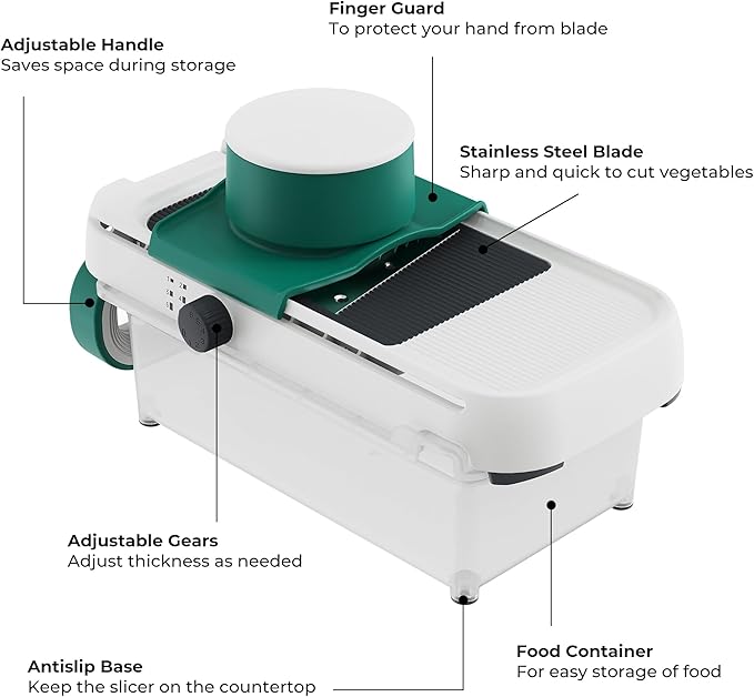 linoroso Adjustable Mandoline Food Slicer 5 in 1, Mandoline Slicer for Kitchen with Container, Vegetable Chopper Shredder Wave Cutter for Potato, Carrot, Zucchini, Grindder for Cheese Lemon