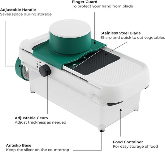 linoroso Adjustable Mandoline Food Slicer 5 in 1, Mandoline Slicer for Kitchen with Container, Vegetable Chopper Shredder Wave Cutter for Potato, Carrot, Zucchini, Grindder for Cheese Lemon