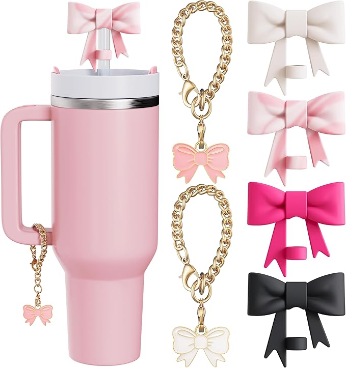 Compatible with Stanley Cup Accessories - 4Pcs 10mm Cute Bow Straw Topper Compatible with Stanley Cup Straw Cover Cap, 2pcs Bow Charms for Stanley 30&40 Oz Tumbler with Handle