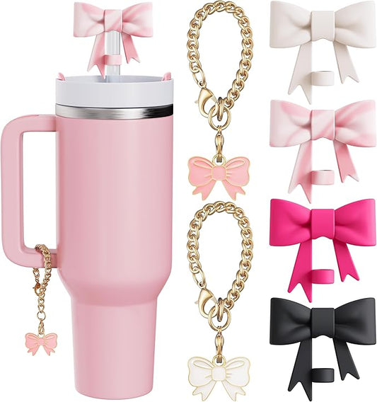 Compatible with Stanley Cup Accessories - 4Pcs 10mm Cute Bow Straw Topper Compatible with Stanley Cup Straw Cover Cap, 2pcs Bow Charms for Stanley 30&40 Oz Tumbler with Handle