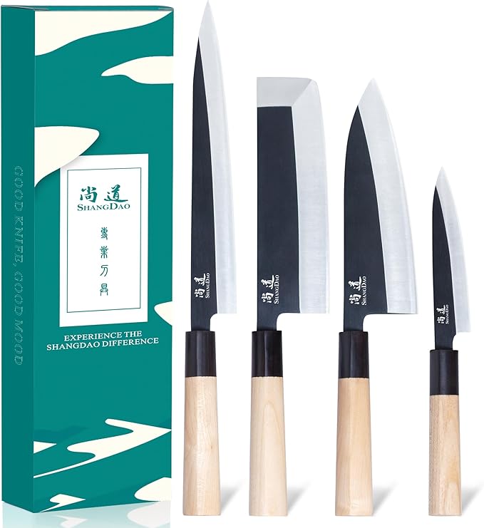 SHANGDAO Japanese Kitchen Chef Set Of 4 Knives Set Sushi Knife Set, Nakiri-Yanagiba-Deba-Utility Kitchen Knife,Fish Slicing Filleting Knife Sets, German Steel