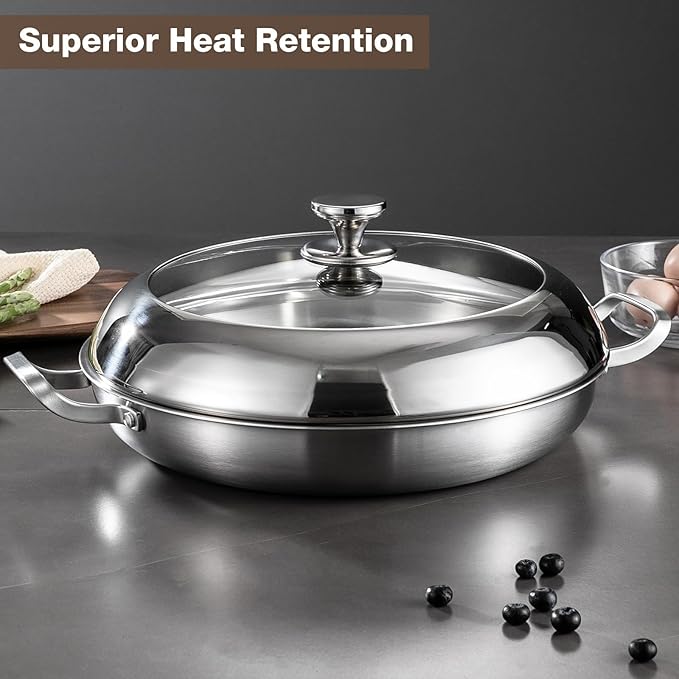 Yeksum Stainless Steel Paella Pan with Lid - 14.5" Tri-Ply 18/10 Deep Paella Pan for 12, PFOA-Free, Fast Heating & Oven Safe 550°F, All Stovetops & Outdoor Skillet