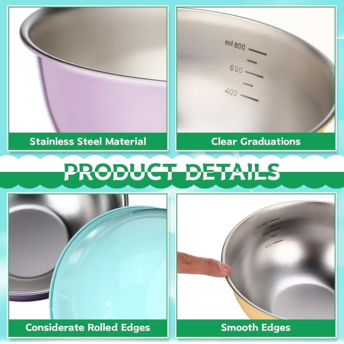 10 Pcs Stainless Steel Mixing Bowls 34 oz Metal Salad Bowls with Graduations Reusable Baking Food Containers Nesting Camping Bowl for Ice Cream, Salad, Soup, Baking, Sauces (6.7 x 2.8 Inch)