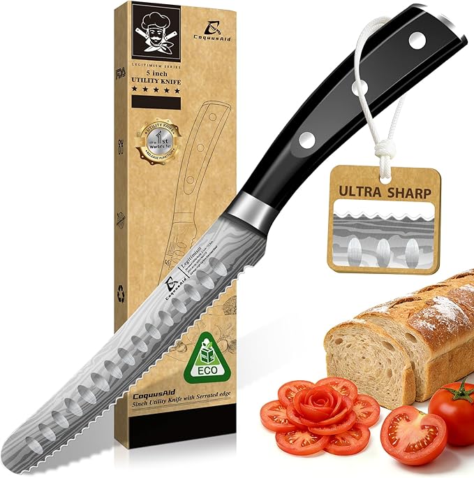 Kitchen Utility Knife, 5 inch Serrated Ultra Sharp Blade, Paring knives, Round Tip Tomato Knife, Ergonomic Handle, Full Tang – Forged High Carbon German Steel, Ideal for Gift (Black)