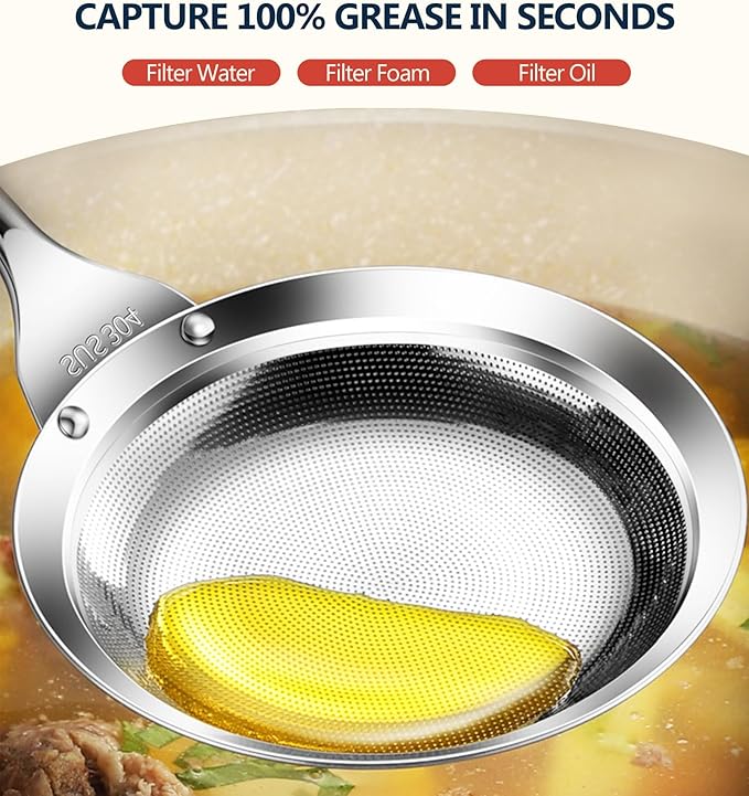 Ugotit Skimmers Spoon Strainer Spoon for Kitchen, Stainless Steel Fine Mesh Strainer, Grease Separator for Cooking (DIA 4.3Inch&5.9Inch)