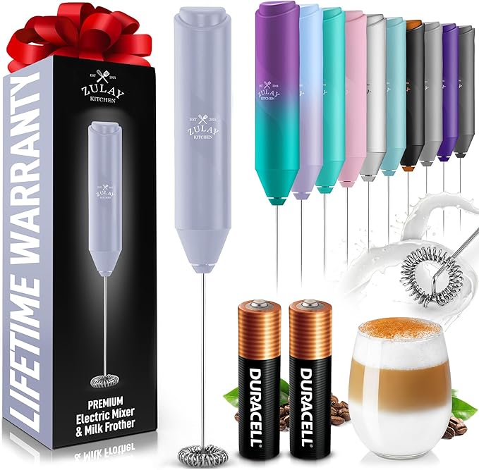 Zulay Kitchen Powerful Milk Frother Handheld with 2 Duracell AA Batteries – Ultra Fast Frother Wand Electric Drink Mixer for Coffee, Lattes, Cappuccinos, Matcha & Hot Chocolate – Portable Foam Maker