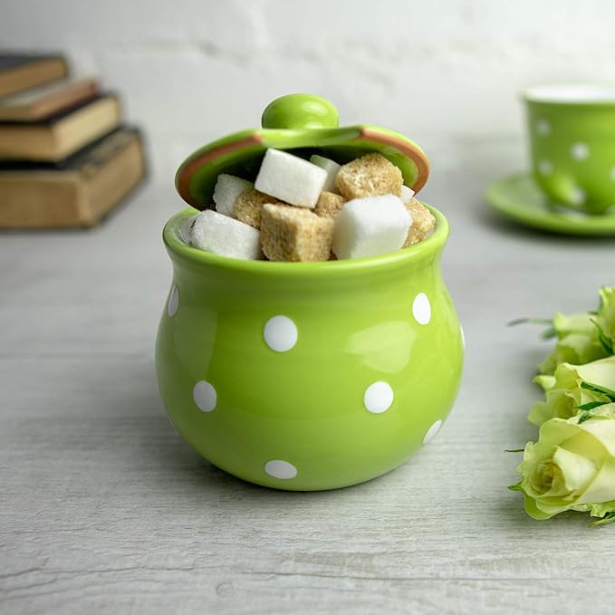 City to Cottage Ceramic Sugar Bowl with Lid, 10oz Sugar Contanier for Coffee Bar, Sugar Dispenser Bowl, Salt - Condiment Pot for Kitchen Counter, Handcrafted Green Polka Dot Sugar Jar