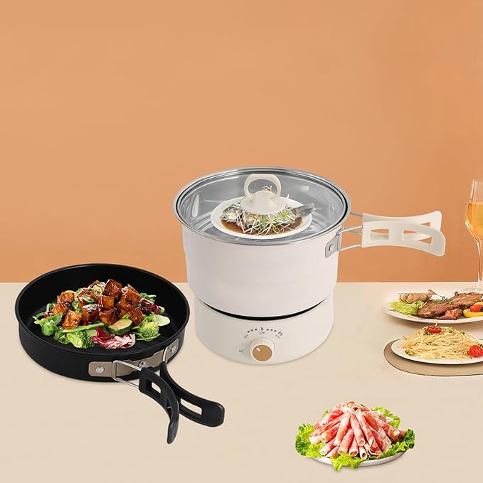 Portable Electric Hot Pot with Foldable Handles, Non-stick Frying Pan, Mini Hot Pot, Multi-Functional Ramen Noodle Cooker for Pasta, Oatmeal, Soup, Steak with Power Adjustment, Steaks and Vegetables