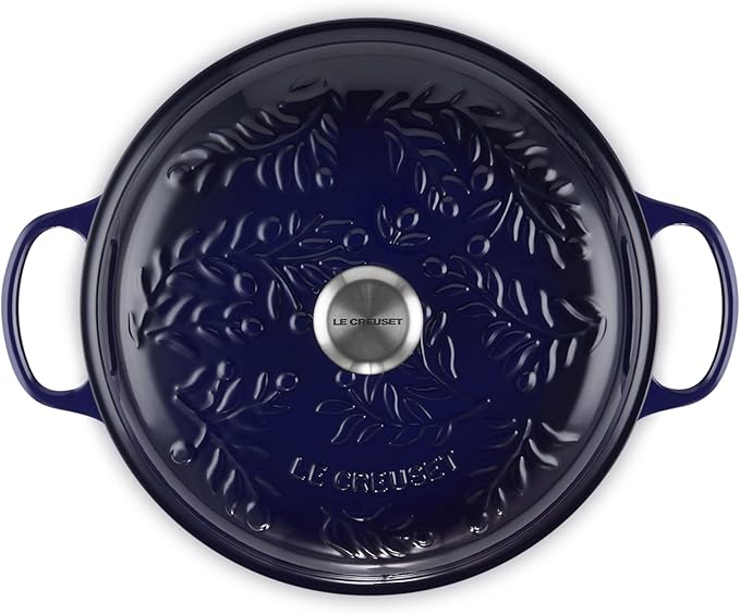 Le Creuset Olive Branch Collection Enameled Cast Iron Signature Braiser, 3.5 qt., Indigo with Embossed Lid