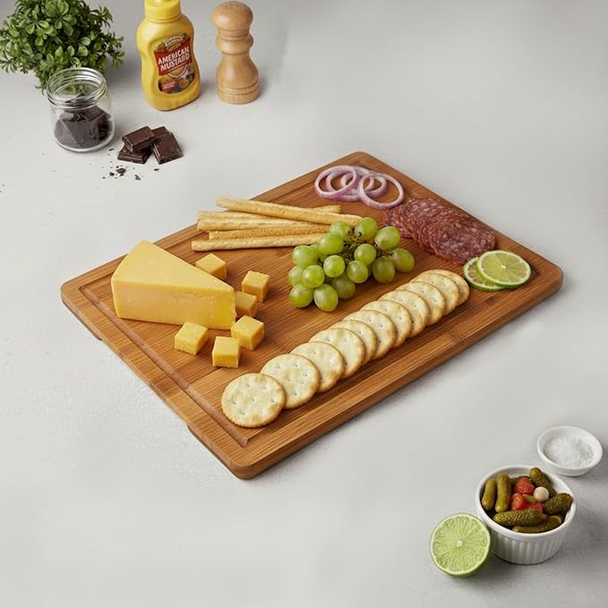 Tafopue Bamboo Cutting Board, Large Kitchen Chopping Board with Deep Juice Groove & Built-in Handle, Reversible Wooden Charcuterie Board and Serving Tray for Meat, Bread, Fruit, Daily Use, 16×11×0.6''