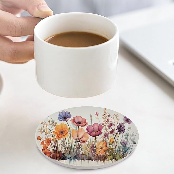 Floral Drink Coasters, Round Ceramic Drink Coaster Round-4PCS, Watercolour Abstract Floral Beautiful Florets Design Decor Absorbent Ceramic Coasters for Beverage Cup, Bar, Coffee Table