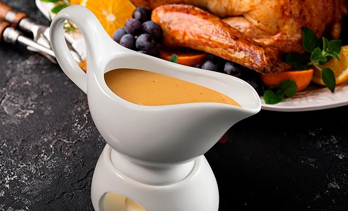 Porcelain Gravy Sauce Boat with Stand and Candle, white