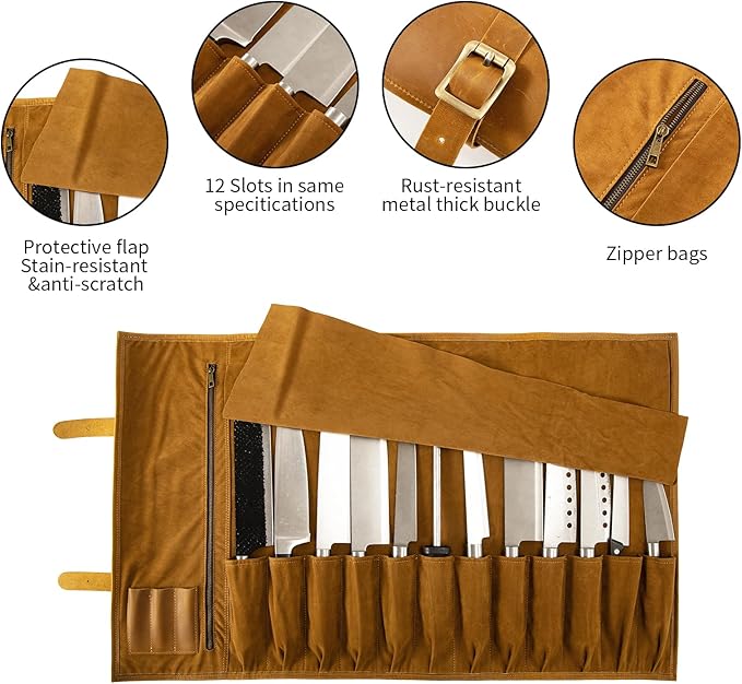 Genuine Leather Knife Roll, Knife Bags for Chefs Professional, Small Chef'S Knife Case Holder, Knives Holders Protectors with 7 Slots, Portable Chef Knife Roll Chef Knife Bag (12 Slots brown)