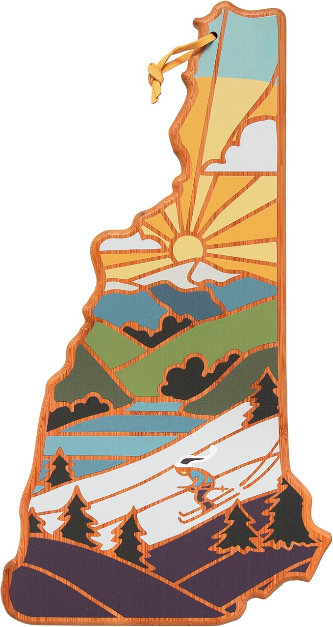 Totally Bamboo New Hampshire State Shaped Cutting Board and Charcuterie Serving Platter with Artwork by Summer Stokes, Includes Hang Tie for Wall Display