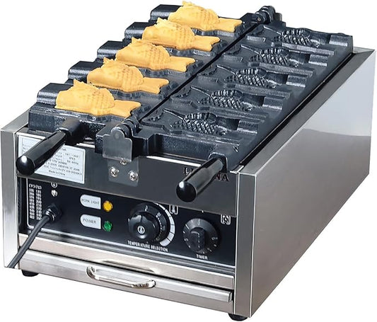 Taiyaki Fish Waffle Maker 110V/Commercial Use Jam or Ice Cream Waffle Maker/Stainless Steel 5 Big Open-Mouth Fish Non-Stick Teflon Coating Taiyaki Maker/50-300℃/122-572℉ Adjustable