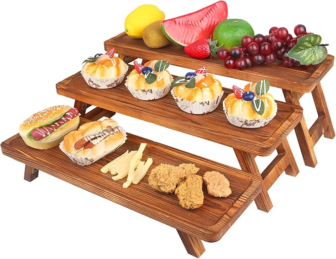 3 Tier Wooden Serving Tray Stand, Foldable Tiered Dessert Display Set for Party, Wedding, Birthday, Christmas, Rustic Charcuterie Boards Table Decor