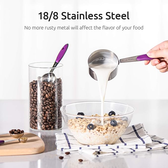 U-Taste 18/8 Stainless Steel Measuring Cups and Spoons Set and 600ºF High Heat-Resistant Kitchen Tong Set (Purple)