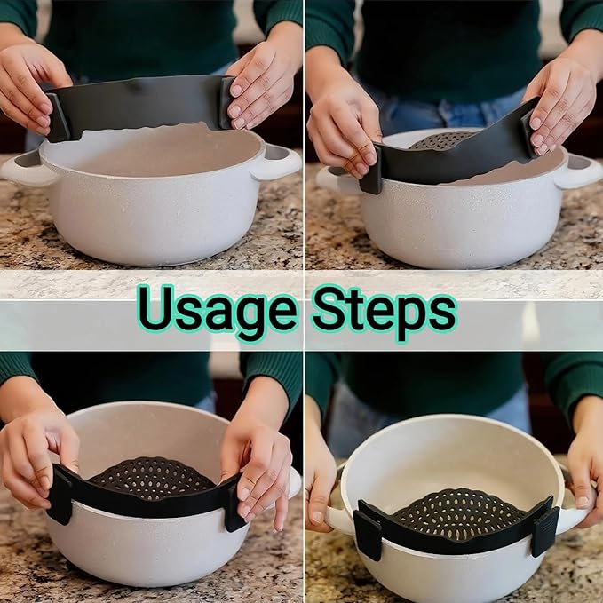 2 PACK Silicone Clip-on Strainer - Fits Pots, Pans & Pasta, Hands-Free Food Strainer for Ground Beef, Spaghetti, Pasta, Compatible with All Bowls and Pots (Black,Blue)