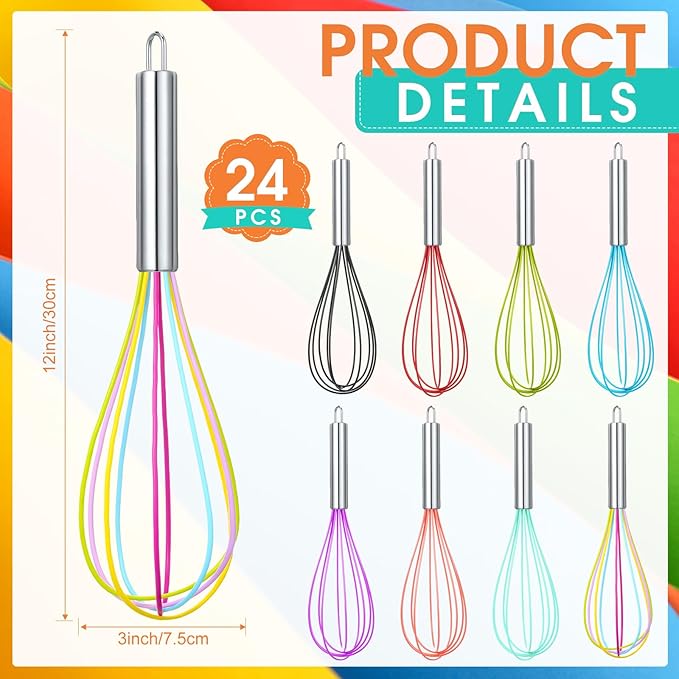 Domensi 24 Pcs 12 Inch Whisks Bulk for Cooking Silicone Whisks Non Scratch Stainless Steel Egg Beater Colorful Coated Metal Heat Resistant Egg Beaters for Valentines Day Party Favor Gift Supplies