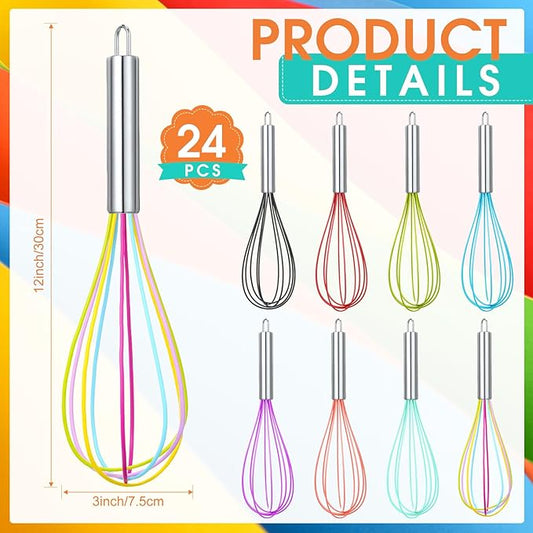 Domensi 24 Pcs 12 Inch Whisks Bulk for Cooking Silicone Whisks Non Scratch Stainless Steel Egg Beater Colorful Coated Metal Heat Resistant Egg Beaters for Valentines Day Party Favor Gift Supplies