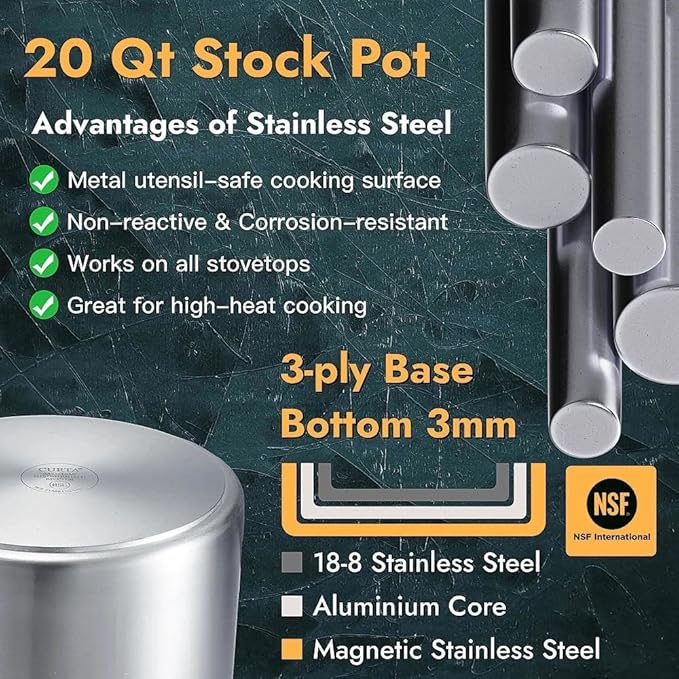 NSF 20 Quart Large Stock Pot with Lid and Basket, 18/8 Stainless Steel, 3-Ply Clad Base, Commercial Cookware for Soup, Stew & Sauce, Dishwasher Safe, 11.8"D x 12.8"W x 11.8"H, Induction Ready