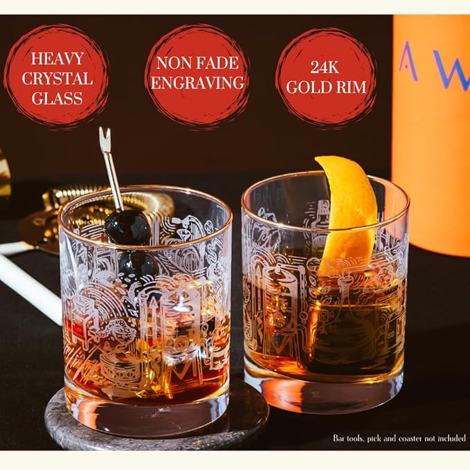 AWAZ Whiskey Glasses – Set of 2, Engraved with Whiskey-Making Process, 24k Gold Rim – 11oz Scotch, Bourbon Lovers Glass – Best Gift - Men, Dad, Husband, Coworker – Holiday, Birthday, Retirement