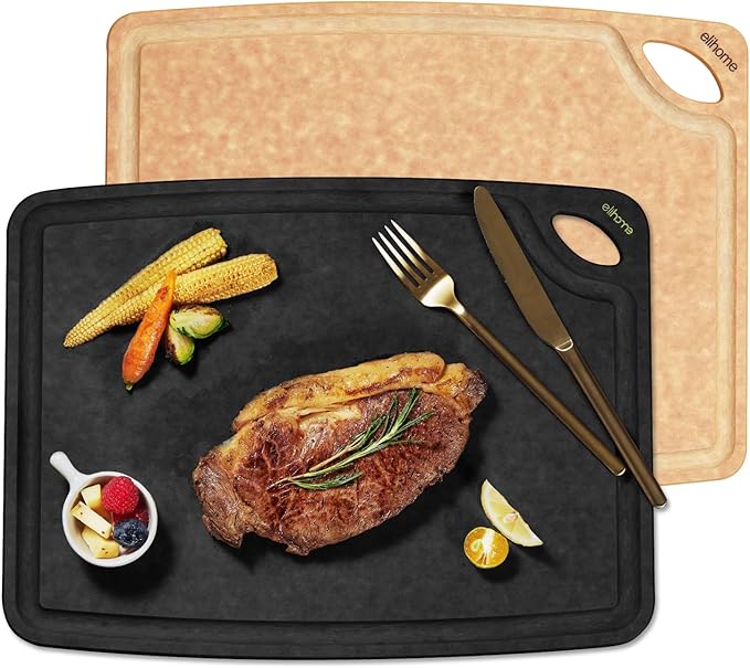 Elihome Classic Series Cutting Boards Set of 2, Natural Wood Fiber Composite, Dishwasher Safe, Eco-Friendly, Juice Grooves, Non-Porous, Made in USA, Medium (10"x 13") Natural and Black color