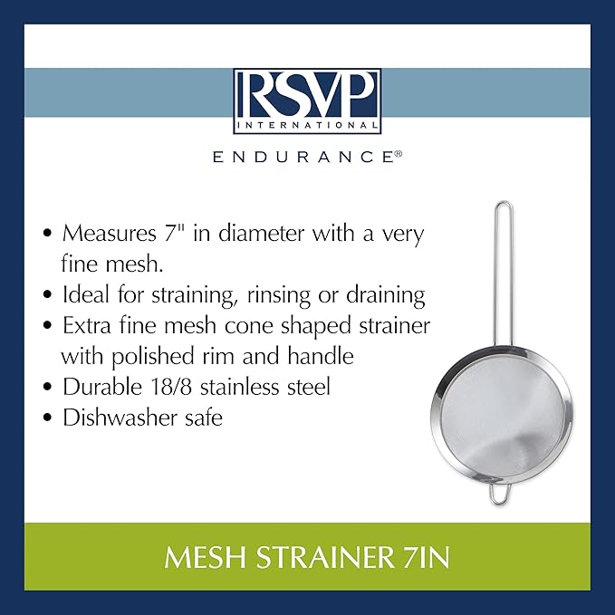 RSVP International Endurance Kitchen Collection, Stainless Steel Fine Mesh Conical Sieve/Colander, Multi-Purpose for Cooking, Baking, Loose Leaf Tea, Bar Strainer Cocktails, 7-Inch