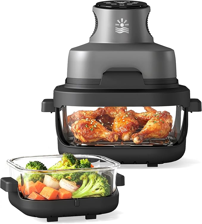Oylus 4-in-1 Portable Glass Air Fryer - 1500W, 400°F Precise Heat, 4.2QT & 1.6QT Dual Glass Containers and Lids, Non-Toxic, Max Crisp/Bake/Air Fry/Recrisp,Microwave, Freezer & Dishwasher Safe