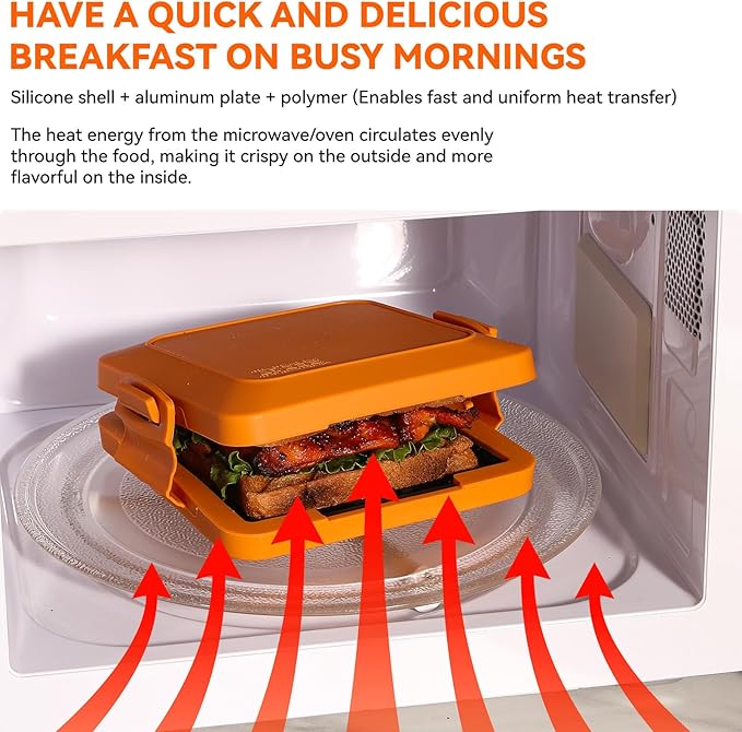Microwave Toastie Sandwich Maker, Nonstick Plate Panini Maker, Versatile Wireless Small Toaster, Toastie Safe in Microwave Oven, Dishwasher Safe, Fast Cooking for Breakfast, Snacks, Orange