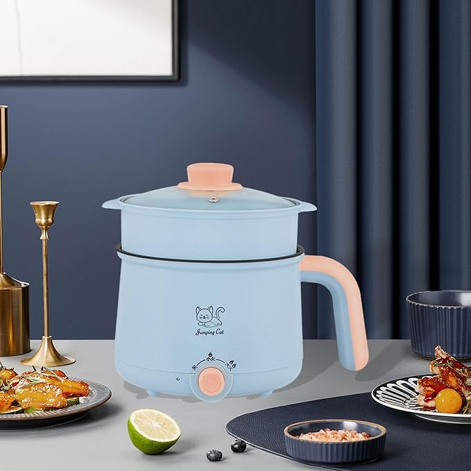 Electric Hot Pot 1.8L Ramen Cooker Cookware Multipurpose Soup Pot Noodles Pot Electric Cooker for Oatmeal Ramen Noodles Steak, Pot and PP Steamer