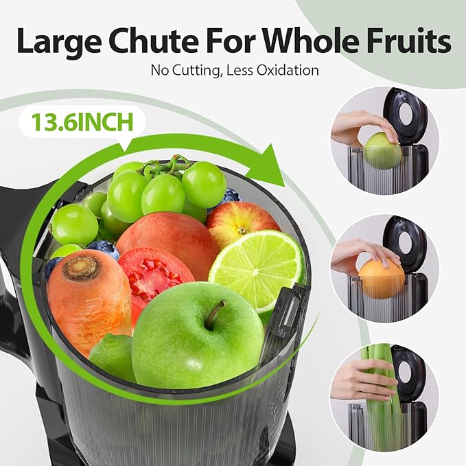 Juicer Machines For Whole Fruits, Aeitto Cold Press Juicer with Large Feed Chute, Self Feeding Slow Masticating Juicers, Easy to Assemble, Easy to Clean & Use, High Juice Yield