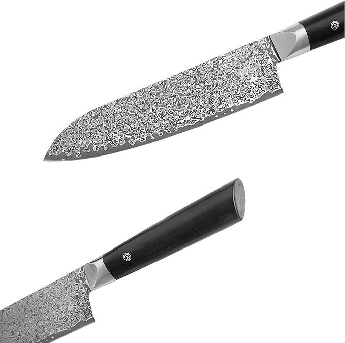 zayiko Black Edition Damascus Santoku Knife – 7.1-Inch Blade | 67-Layer VG10 Core Steel | Ergonomic Pakkawood Handle | Premium Kitchen Knife for Meat, Fish & Vegetables | Gift Box