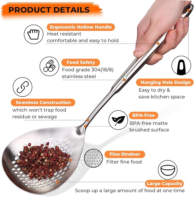 MARTE Skimmer Slotted Spoon, 304 Stainless Steel Pasta Spider Strainer Ladle Skimmer Spoon - Kitchen Cooking Colander Spider Strainer Spoon with Long Handle for Cooking, Draining, Frying, 14.8 Inch