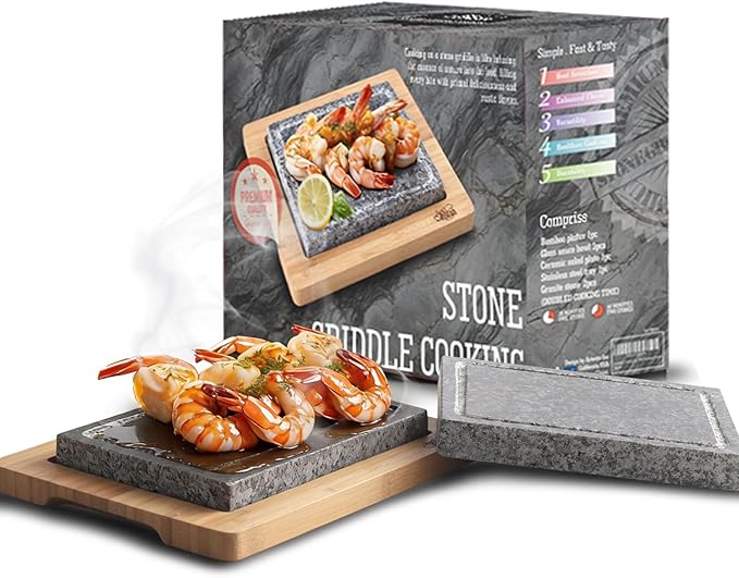 Artestia Steak Stone Grill Set with 2 Granite Stones & 1 Bamboo Tray – Restaurant-Style Hot Stone Cooking Set for Sizzling Steak, BBQ, Hibachi, Indoor Tabletop Grilling
