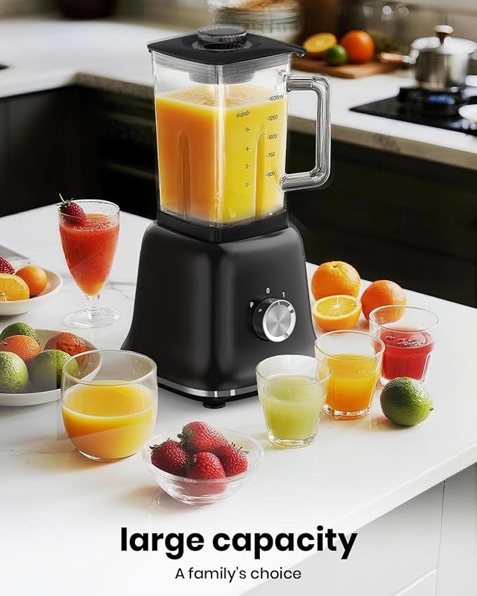CKEMU Professional Blender For Smoothies, 58 Oz Glass Jar, Glass Blender Including Puree & Crush Ice Functions, 750 Watts, With Portable Travel Cup B02 (Black)