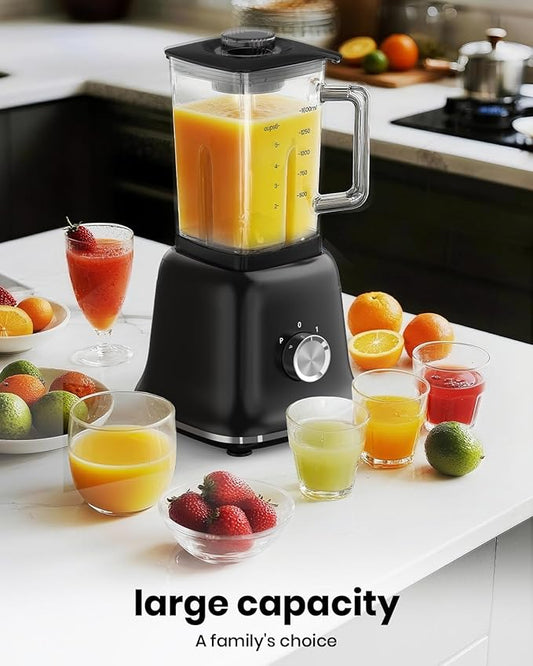 CKEMU Professional Blender For Smoothies, 58 Oz Glass Jar, Glass Blender Including Puree & Crush Ice Functions, 750 Watts, With Portable Travel Cup B02 (Black)