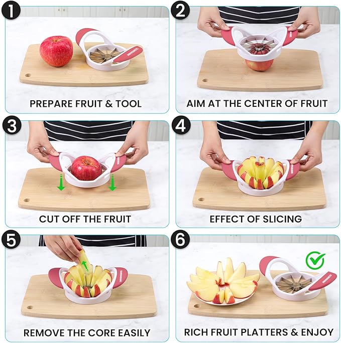 SCHVUBENR Large Apple Corer and Slicer - 4.72 Inch Apple Cutter Slicer with 12 Blades - Stainless Steel Apple Slicer - Sharp Apple Corer Tool - Anti-Slip Grip, Easy to Use & Dishwasher Safe - Pink