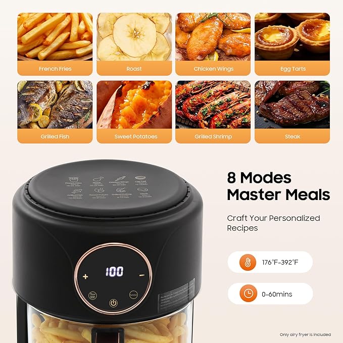 4.4 Qt Air Fryer 1200W Glass Air Fryer, 8-in-1 Functions, 360° Viewable, Digital Display, Adjustable Temperature 176°F to 392°F, 60-Minute Timer, Dishwasher Safe, Nonstick Basket (Black)
