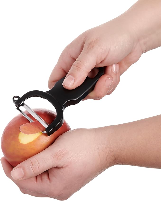 CatCora Swiss-Style Peeler, Professional German Tempered Stainless Steel Blade For Peeling Fruits and Vegetables and Garnishing, Ergonomic Contoured Handle, Black, Set of 2