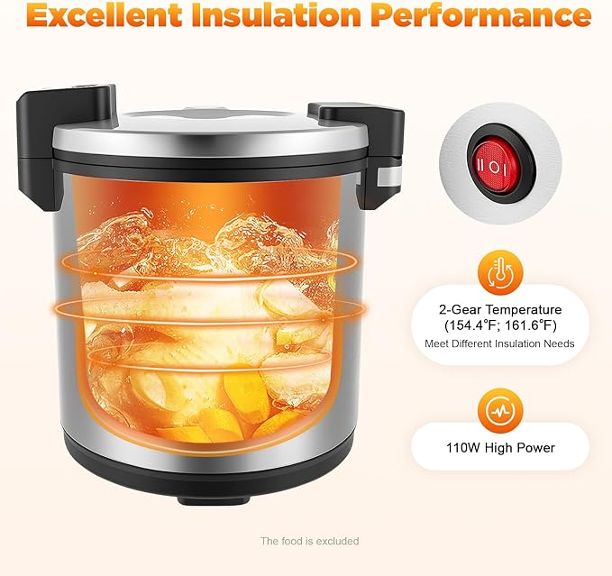 Commercial Rice Warmer, 6 Gal Stainless Steel Electric Rice Warmers with Spoon Good Heat Dissipating and 2 Temperature Settings Flip Lid with Lock Cylindrical Rices Warmer for Home Keep Food Warm Etc