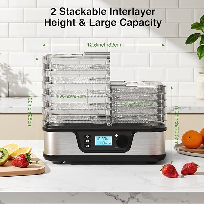Food Dehydrator, Silver | 5 Stainless Steel and BPA-free trays, Adjustable Temperature, 72H Timer, Dehydrator for Meats, Jerky, Fruits, Veggies and Pet Treats
