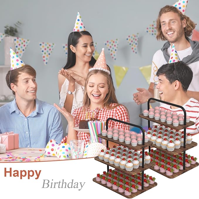 Cupcake Stand, 3-Tier Dessert Stand for 52 Cupcakes, Wood & Metal Tower Display Premium Holder Dessert Tree Tower for Christmas Birthday Weddings Party Decor, Serving Tray, Wood Brown, 2-pack